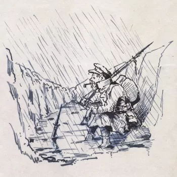 A drawing depicting a soldier seated in a trench during a storm. The soldier, captured in profile facing left, smokes a pipe. He wears a great coat and a cap. The trench is beginning to fill up with water owing to the heavy rains.