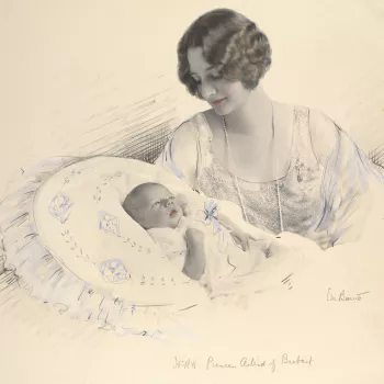 Photograph of Princess Astrid, Duchess of Brabant, later Queen Astrid of Belgium (1905-35) with her son Prince Baudouin, later King Baudouin of Belgium (1930-93). Princess Astrid faces the camera, her head turned three-quarters to the left. She gazes down