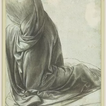 This is a study for the angel&rsquo;s drapery in the second version of the Virgin of the Rocks (now in the National Gallery, London). Leonardo probably arranged cloth soaked in dilute plaster over a small model, which when dry could be studied at leisure.