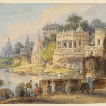 A watercolour of a river scene, probably showing Benares.