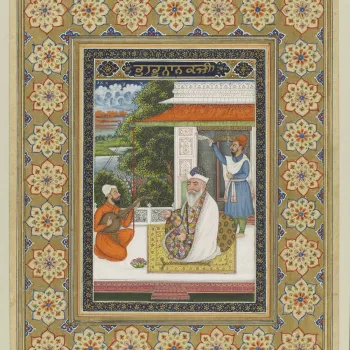 A painting of Nanak, the first Sikh Guru, seated on a lakeside palace terrace. He sits on a floral carpet wearing a Kashmiri shawl over a dervish&rsquo;s patched garment with an ascetic&rsquo;s crutch laid beside him. He holds prayer beads in his left han