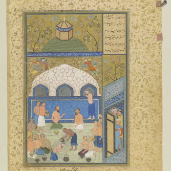 This is the earliest painting in the Khamsah manuscript (see RCIN 1005032), dating to 1540. The painting depicts the passage in Navai&rsquo;s text describing an imaginary meeting in a bathhouse between Fakhr al-Din al-Razi, the twelfth-century Muslim theo
