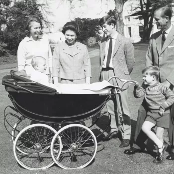 The Royal Family gathered together with Prince Edward in his pram on The Queen's 39th birthday in the garden at Frogmore; from left to right: Princess Anne, The Queen, Prince Charles, The Duke of Edinburgh, Prince Andrew. This photo reissued in&nbsp;1981 