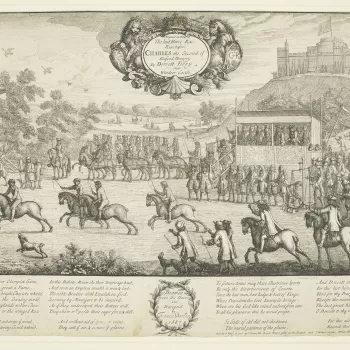 An etching of Charles II and his court viewing a horse race at Datchet Ferry from the royal box, protected by Yeomen of the Guard. In front of the box is a set of weighing scales to measure the weight of the jockeys. There is a view of the river and Winds