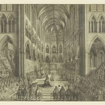 An etching of the interior of Westminster Abbey, including the tapestries which lined the walls, the display of plate on the altar, and the banks of spectators who filled the transepts. In the centre Charles II appears twice, at the moment of the crowning