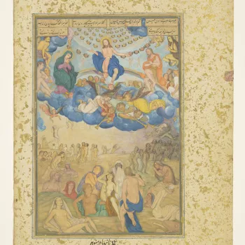 f.5
Illustration from a manuscript of the Khamsa of Nava&rsquo;i (see RCIN 1005032).  
This painting is a reinterpretation of a Flemish engraving of c.1580 depicting the Last Judgement by Adrian Collaert, after Jan van der Straet. Jesus, flanked by Mary a