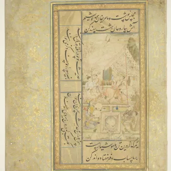 
Recto: 

Similar to Lal's painting on 1005039, this is one of several related works attributed to the artist which depict a Mughal majlis (gathering) with the essential components of poetry, wine, music and conversation.&nbsp;

Top and bottom: 


Verse&n