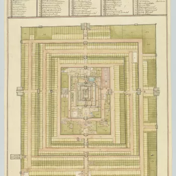 A ground plan of the Sri Ranganathaswamy temple in Tamil&nbsp;Nadu. This is one of three related architectural drawings in the Royal Collection (see also RCINs 930166 and 930167) drawn in pen-and-ink&nbsp;and wash by local&nbsp;south Indian draughtsmen in