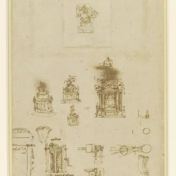 A series of drawings of views of an equestrian monument; with a ground plan of the columns of the monument; a diagram concerning optics; a diagram of cog-wheels and gears; a sketch of a mill, and some notes. The sketch of the monument on the upper part of