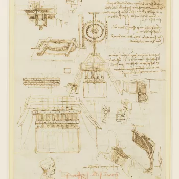 On the recto of the sheet, drawings of ground plans and elevations of a bronze-casting apparatus, including designs of pulleys and cog-wheel mechanisms, with accompanying notes. On the verso, notes and diagrams of ground-plans of casting apparatus, and li