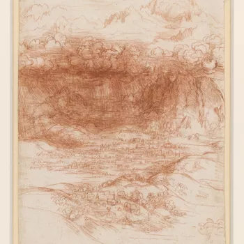 A drawing of a storm breaking over a valley in the foothills of the Alps. Above the depicted clouds are high peaks of the Alps in sunlight. Melzi's number 137. 
A number of landscapes in red chalk by Leonardo can be dated to his second period of residence