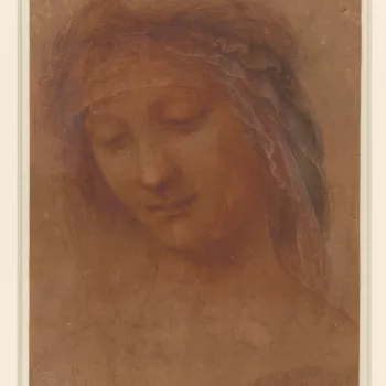 A study of the Madonna's head turned three quarters to left and bent slightly forward. She wears a veil bound around her head, which hangs forward neatly over her forehead. 
The subject of the Madonna and Child with St Anne occupied Leonardo for the last 
