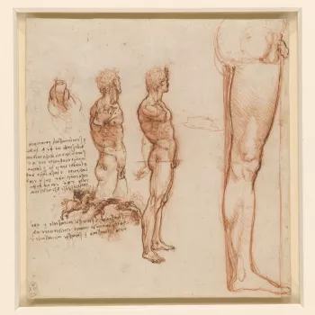Two studies of a nude man, standing in profile to the right, with his right arm cut off to show the muscles of the side; a scene of a horseman charging at a fleeing man with a shield; a note on the action of the shoulder muscles, and above, a slight sketc