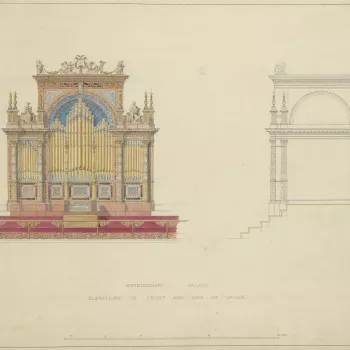 A design for the front and side of the organ at the east end of the Ball Room&nbsp;in Buckingham Palace. This is one of a series of designs for the Ball Room and Supper Room by Sir James Pennethorne&nbsp;in 1852,&nbsp;approved by Prince Albert&nbsp;(see a