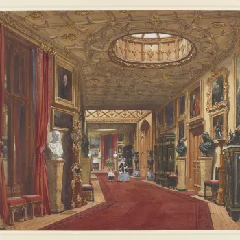 A watercolour showing a lady and a small girl approaching down the Grand Corridor at Windsor Castle, possibly intended to represent the Queen with Princess Alice. Signed and dated bottom right: Joseph. Nash. 1846 
The Grand Corridor, constructed by Jeffry