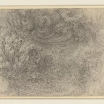 A drawing of a city at the centre of a vortex, with rocks about to fall and crush it. There are waves and water-spouts encircling it. Above are dark clouds with great curves of water descending from them. Melzi's number 145. 
During the last years of his 