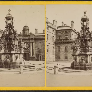 Stereoscopic photograph&nbsp;of the decorative fountain in the forecourt of the Palace of Holyroodhouse, Edinburgh. On the right of the background is the main entrance to the Palace. 
The fountain at the Palace of Holyroodhouse was built by Robert Matheso