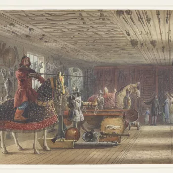 A watercolour view of the armoury at Carlton House, with the figures&nbsp;of what are presumably visitors&nbsp;in the background.
The large Armoury at Carlton House, the Prince Regent's London residence, was considered, according to contemporary reports,