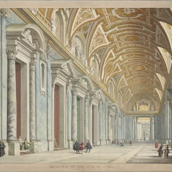 A hand-coloured etching showing a view of the interior of the&nbsp;portico of&nbsp;St Peter's Basilica, Vatican; with several groups of figures interspersed. Inscribed in ink on the artist's mount with the title and 'Francesco Panini fece'