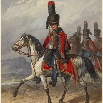 A watercolour of an officer of the Russian Imperial Guard, shown mounted,&nbsp;riding&nbsp;to left, followed by three other figures. This is one of a large number of illustrations of military uniform acquired by George IV. Many of these drawings were by D