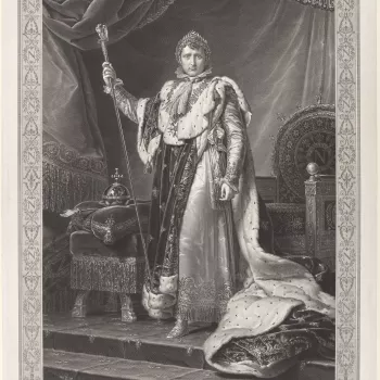 Engraving of Napol&eacute;on I, Emperor of the French. Whole length with short hair, laurel wreath, lace tie, and ermine robes. The Emperor Napol&eacute;on&nbsp;is shown standing beside&nbsp;a throne under an embroidered canopy,&nbsp;holding a sceptre in 