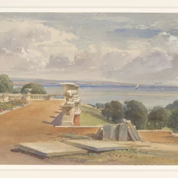 A watercolour showing a distant view of the Solent, with slabs of building stone in the foreground. Inscribed 'Osborne' with an illegible date on the side of one of the stone slabs.  
Osborne House on the Isle of Wight was built by Queen Victoria and Prin