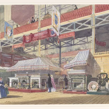 A watercolour depicting exhibits by local Sheffield manufacturers, especially in steel, such as grates and fenders. Signed and dated at bottom left: J. Nash 1851. 
In his capacity as President of the Society of Arts, Prince Albert set up a committee to or