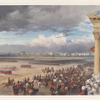 A watercolour drawing of a military review on the Champ de Mars, with lines of troops and soldiers on horseback. On the right, Queen Victoria and the royal party are seated on the balcony of the&nbsp;&Eacute;cole Militaire, with fashionably dressed ladies