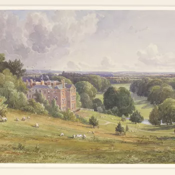 A watercolour showing the North and East fronts of the house, seen from higher parkland above; sheep graze, a single figure stands to the right, and the countryside stretches out in the distance. Signed and dated at lower right: 'C R Stanley 1841'. 
Brock