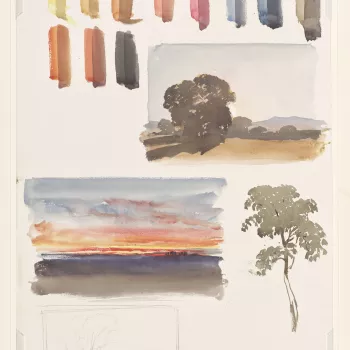 A watercolour showing studies of landscapes, trees and colour trials, possibly executed under the tutelage of WL Leitch. Colour trials are shown at the top of the sheet, with a flat landscape shown below to the right. A tree is shown to the left, with a p