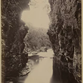 Photograph of a geographical feature comprising a&nbsp;chasm and a river. The photograph is framed on either side by sheer rock faces with water running through at the bottom. On the left is an over-hanging tree branch with ferns and indigenous plants. In