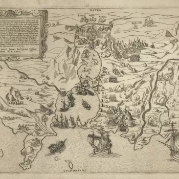 A high oblique view of Charles V's sea-borne expedition to the Ottoman city of Tunis which he besieged 16 June-21 July 1535. The emperor's army was protected by the Ligurian General and Admiral Andrea Doria's (30 November 1466-25 November 1560) Genoese fl