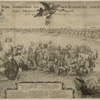 <p>A view of the naval Battle of Scheveningen (aka Battle of Texel or Battle of Ter Heijde) fought on 10 August 1653 [N.S.] between the Commonwealth of England, commanded by General at Sea George Monck, 1<sup>st</sup> Duke of Albemarle (1608-70) and the U