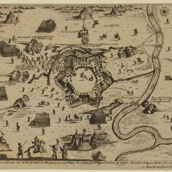 A map and high oblique view of &Eacute;rsek&uacute;jv&aacute;r [formerly Neuhausel and now Nov&eacute; Z&aacute;mky], held by Habsburg forces, commanded by Count &Aacute;d&aacute;m Forg&aacute;ch (1601-10 June 1681) and besieged in August and September 16