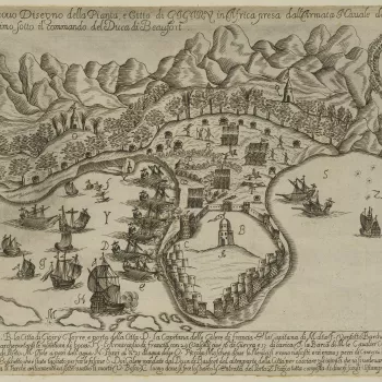 A middle oblique view of the French expedition to Jijel 22 July-30 October 1664, showing the French navy, commanded by Fran&ccedil;ois de Vend&ocirc;me, duc de Beaufort (1616-69), and French army forces commanded by Lieutenant-General Charles-F&eacute;lix