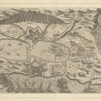 A high oblique view of the siege of Spanish-held Tunis by the Turkish forces, commanded by Kili&ccedil; Ulu&ccedil; Ali Paşa (1519-21 June 1587) and General Sinān Pasha (1506-3 April 1596) from the middle of July 1574, resulting in the capitulation of t