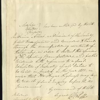 Authority given by Prince Albert to Cole, Fuller and Russell to collect opinions regarding proposal for the Exhibition of 1851. Signed on Prince Albert's behalf by Colonel Charles Beaumont Phipps.