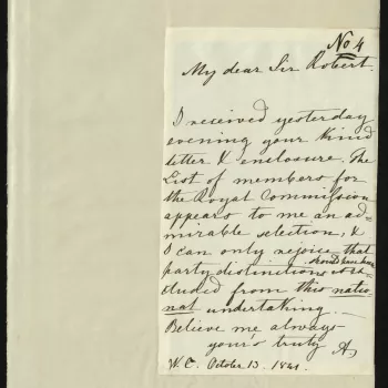 Draft letter from Prince Albert to Sir Robert Peel confirming receipt of the list of members for the Royal Commission and noting that he is glad that party distinctions are 'excluded from this national undertaking'.