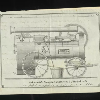 Printed drawing of steam engine, titled 'Lokomobile Dampfmaschine von 6 Pferdekraft der Maschinenfabrik in Baienshal [?] C&ouml;ln.' Includes notes of measurements in German and an annotation in pencil in English, which reads 'as little fuel as possible, 