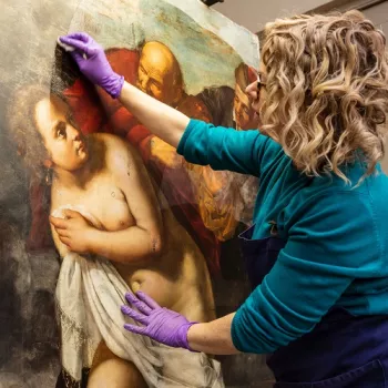 Painting entitled 'Susanna and the Elders' by Artemesia Gentileschi being restored by RCT curator