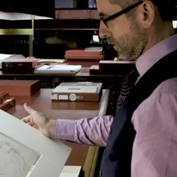 Martin Clayton looking at a Leonardo da Vinci drawing in the Print Room at Windsor Castle