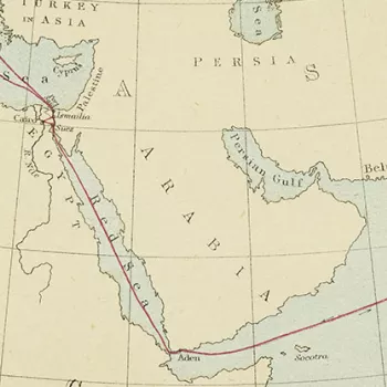 Detail from a map of India and the Middle East, showing the route of the Prince of Wales' tour