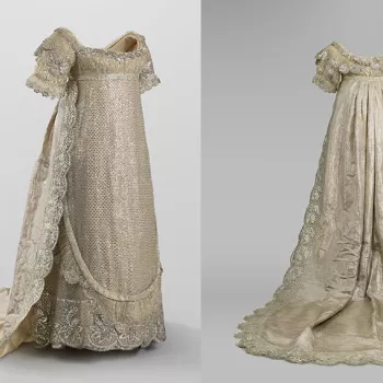 Front and back view of a wedding gown. The dress is silver with a long train. It has a high waist and narrow silhouette.