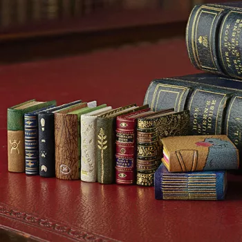 A selection of miniature books lined up next to regular sized book.