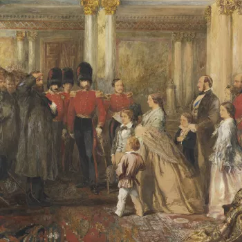 The Queen inspecting wounded Coldstream Guardsmen in the Hall of Buckingham Palace, 22 February 1855