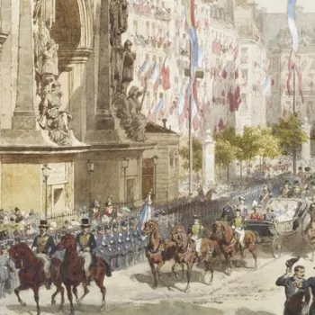 Queen Victoria's carriage travelling through the crowds of teh streets of Paris