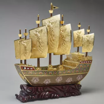 Detail of the Vessel of friendship, a gold model of a Chinese ship