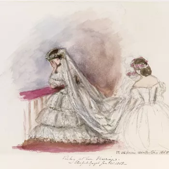 A watercolour showing Victoria, Princess Royal on her wedding day. She is shown kneeling at the alter with her face in her hands. She is dressed in a wedding dress of white moire antique trimmed with three flounces of Honiton lace. At top of each flounce 