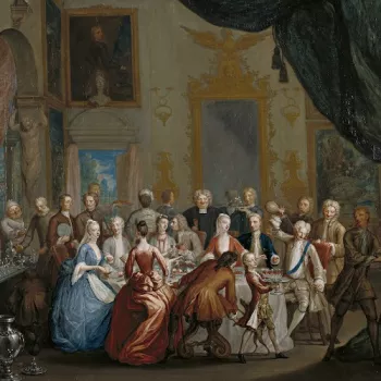 A painting of many people gathered around a banquet table