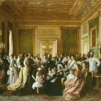 Queen Victoria is sitting in the Green Drawing Room at Windsor Castle, surrounded by members of her family. On the mantelpiece is a bronze bust of Prince Albert. Queen Victoria commissioned the painting to commemorate the gathering of her family for the G
